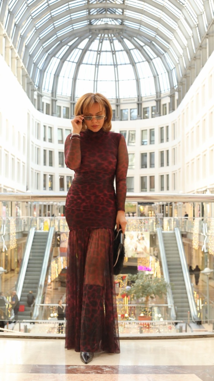 TÜL DETAY LEOPAR DESEN MAXİ ELBİSE KAHVE