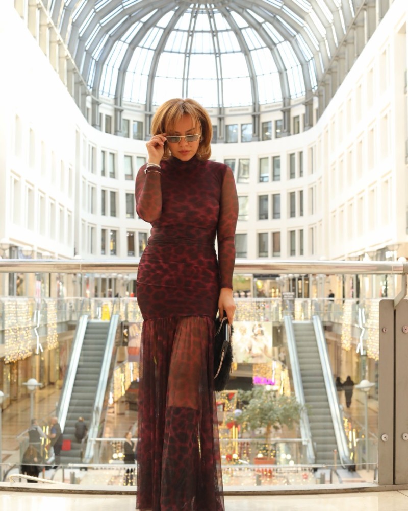 TÜL DETAY LEOPAR DESEN MAXİ ELBİSE KAHVE