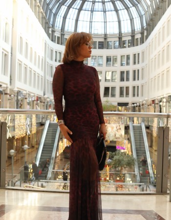 TÜL DETAY LEOPAR DESEN MAXİ ELBİSE BORDO