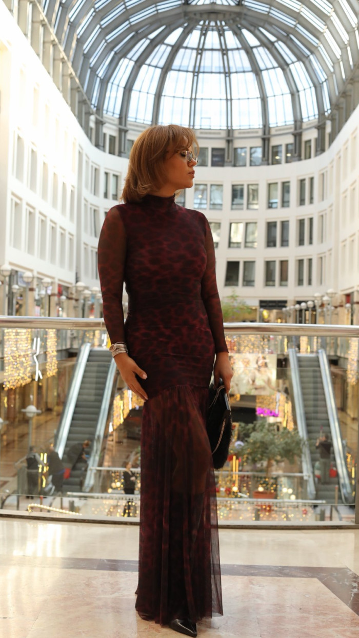 TÜL DETAY LEOPAR DESEN MAXİ ELBİSE BORDO TÜL DETAY LEOPAR DESEN MAXİ ELBİSE BORDO