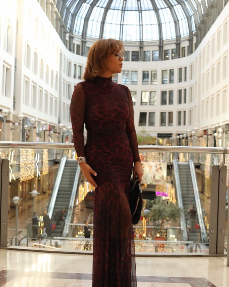 TÜL DETAY LEOPAR DESEN MAXİ ELBİSE BORDO