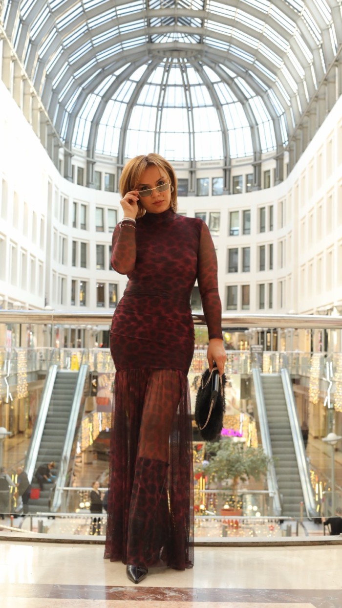 TÜL DETAY LEOPAR DESEN MAXİ ELBİSE BORDO