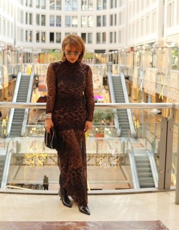 TÜL DETAY LEOPAR DESEN MAXİ ELBİSE KAHVE
