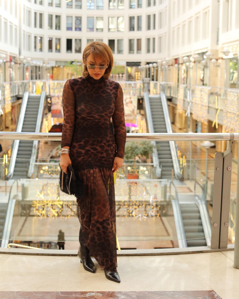TÜL DETAY LEOPAR DESEN MAXİ ELBİSE KAHVE
