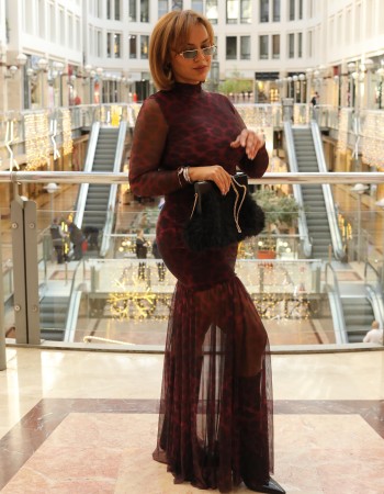 TÜL DETAY LEOPAR DESEN MAXİ ELBİSE BORDO