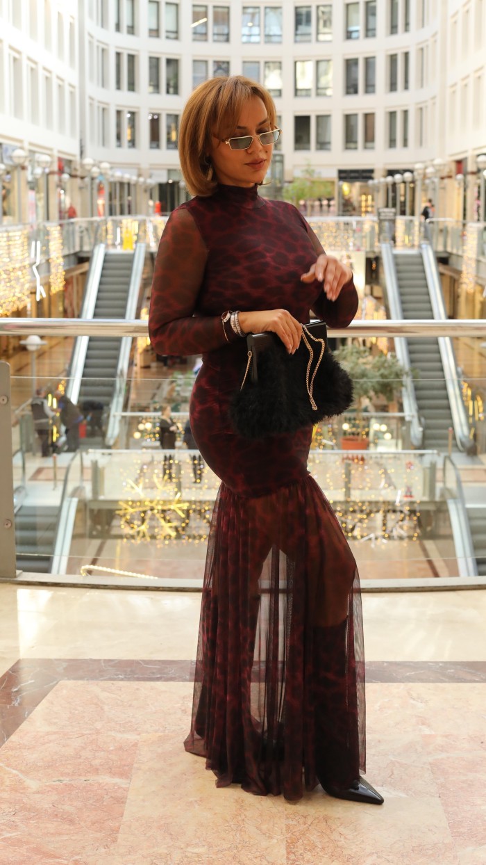 TÜL DETAY LEOPAR DESEN MAXİ ELBİSE BORDO