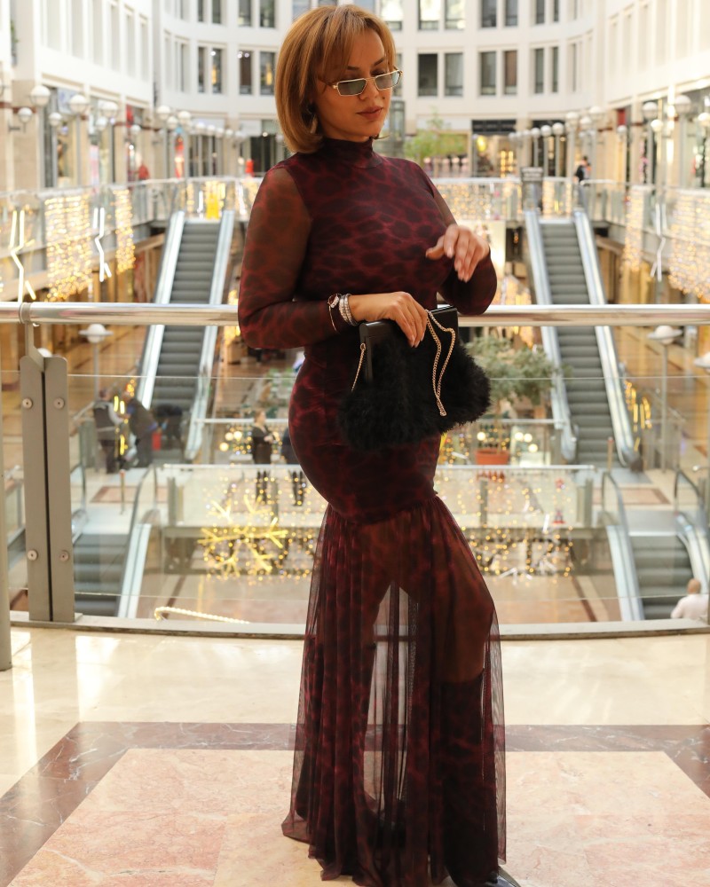 TÜL DETAY LEOPAR DESEN MAXİ ELBİSE BORDO