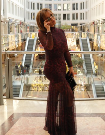 TÜL DETAY LEOPAR DESEN MAXİ ELBİSE BORDO