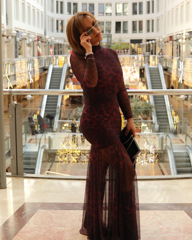 TÜL DETAY LEOPAR DESEN MAXİ ELBİSE BORDO