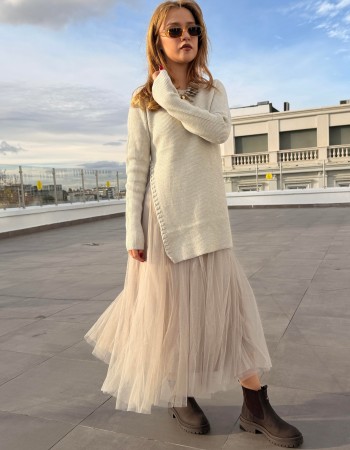 TÜTÜ ETEKLİ TRİKO ELBİSE KREM