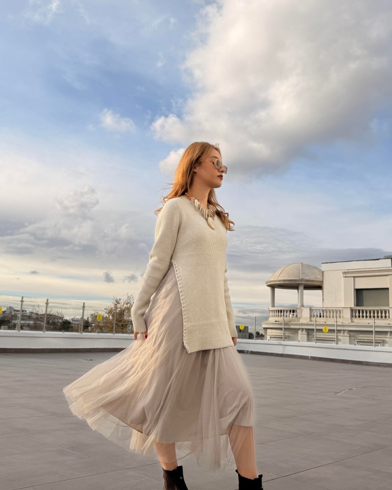 TÜTÜ ETEKLİ TRİKO ELBİSE KREM