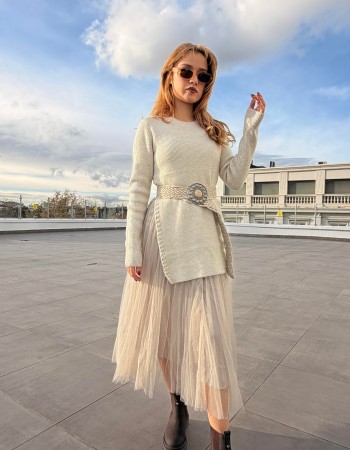 TÜTÜ ETEKLİ TRİKO ELBİSE KREM