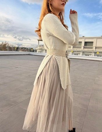 TÜTÜ ETEKLİ TRİKO ELBİSE KREM