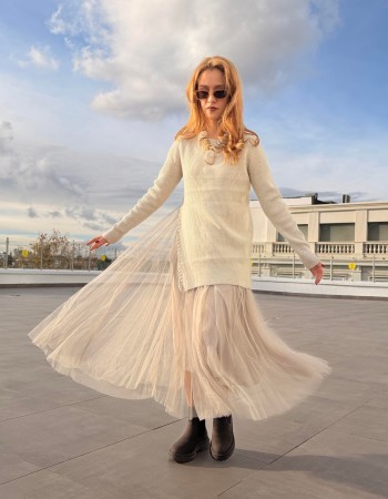 TÜTÜ ETEKLİ TRİKO ELBİSE KREM